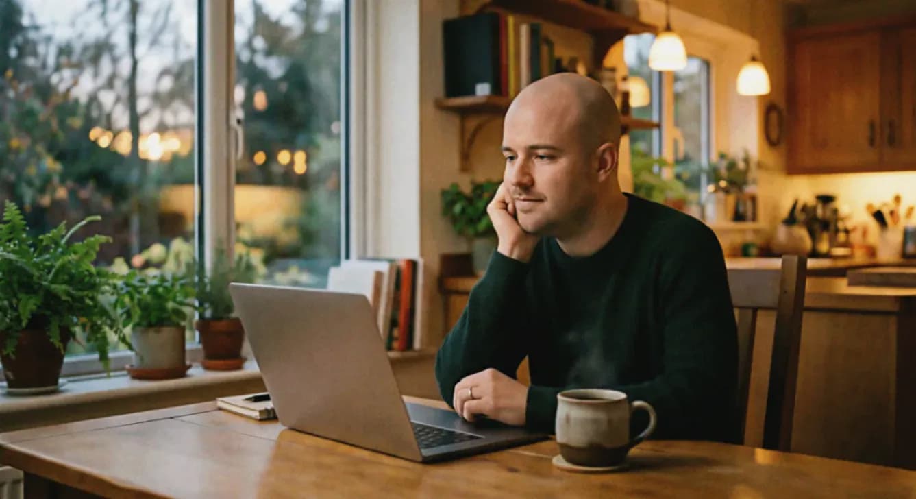 Een man aan de keukentafel met een kop koffie