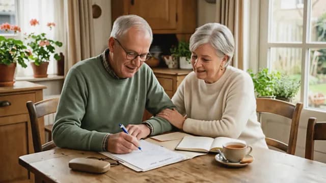 Een ouder echtpaar zittend aan tafel