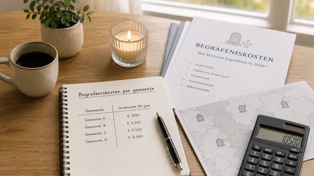 Notitieboek met begrafeniskosten per gemeente, kaart van Nederland en rekenmachine als symbool voor verschillen in grafrechten en uitvaartkosten.