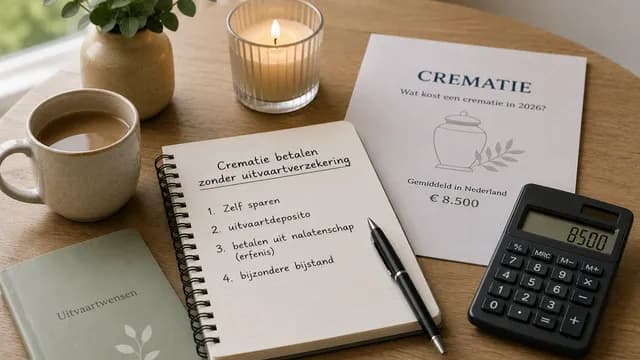Notitieboek met vier opties om een crematie zonder uitvaartverzekering te betalen, naast een rekenmachine, kaars en documenten over crematiekosten.