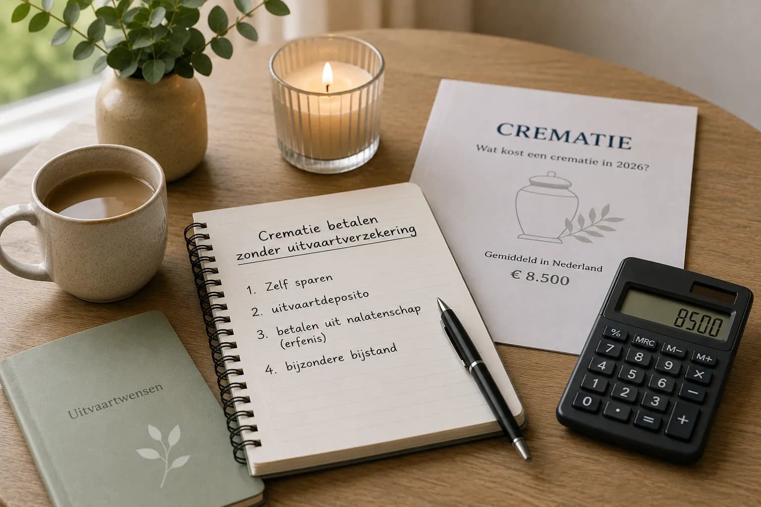 Notitieboek met vier opties om een crematie zonder uitvaartverzekering te betalen, naast een rekenmachine, kaars en documenten over crematiekosten.