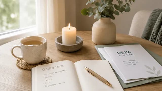 Rustige tafelsetting met notitieboek, kaars, kop thee en DELA-documenten als symbool voor uitvaartwensen, nabestaanden en uitvaartverzekering.