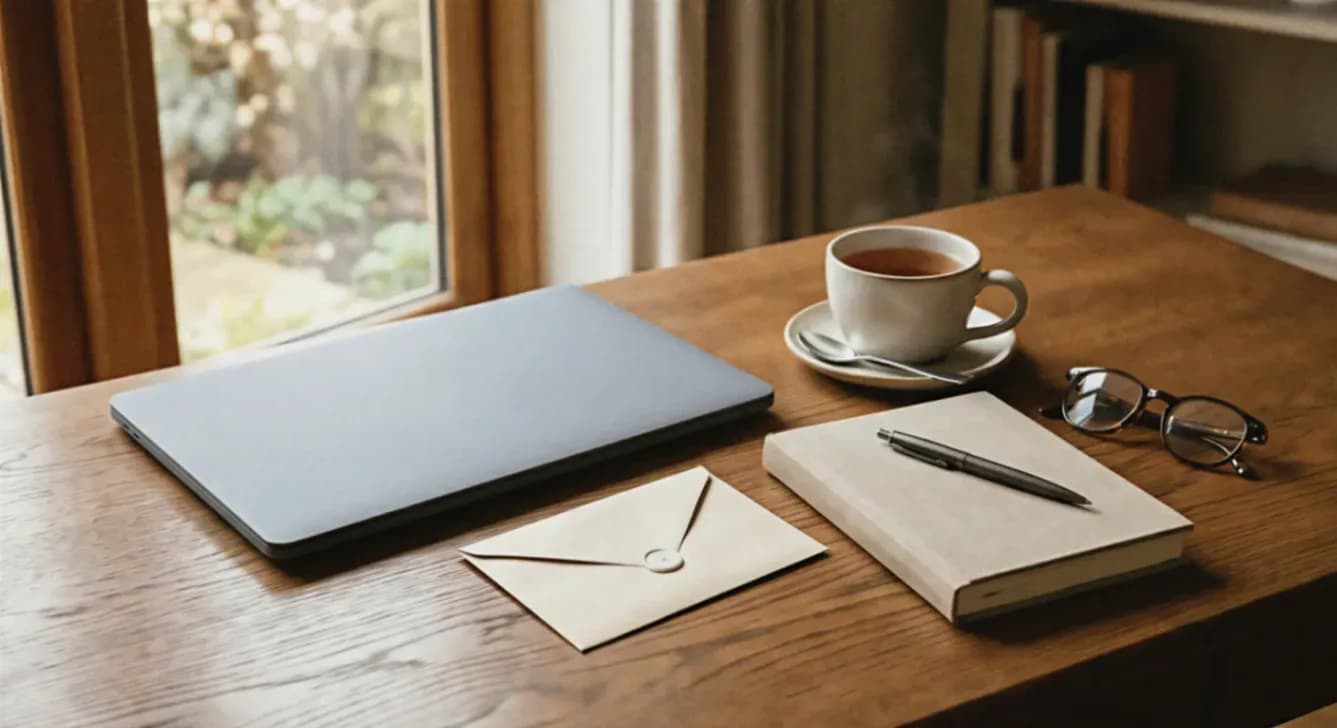 Een tafel met een laptop, envelop en schrijfblok