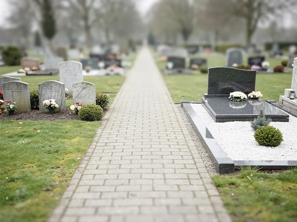 Een weg op de begraafplaats met particuliere en algemene graven