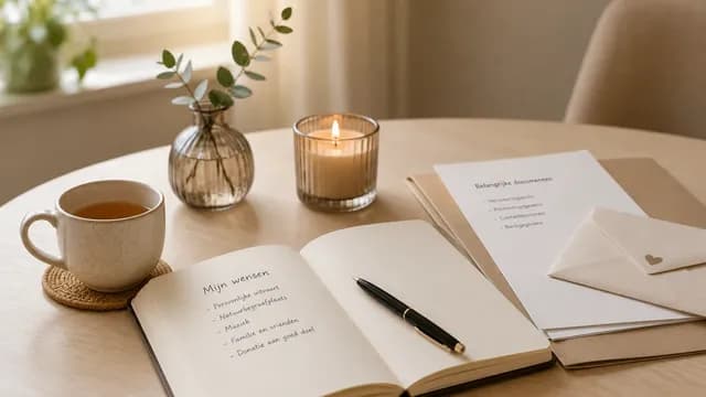 Open notitieboek met pen, papieren en een brandende kaars op een lichte tafel als symbool voor het vastleggen van uitvaartwensen en het ontzorgen van nabestaanden.