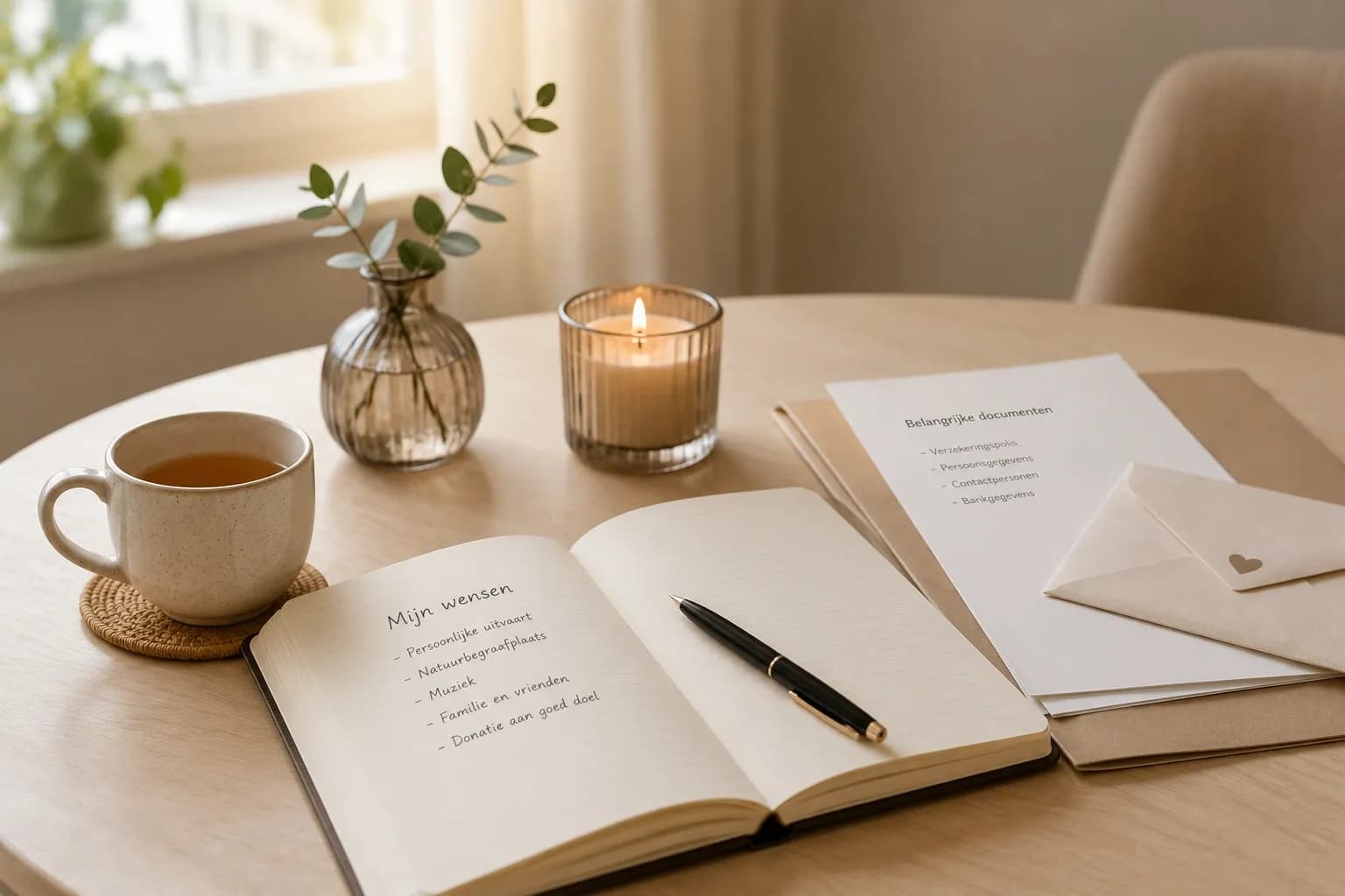 Open notitieboek met pen, papieren en een brandende kaars op een lichte tafel als symbool voor het vastleggen van uitvaartwensen en het ontzorgen van nabestaanden.